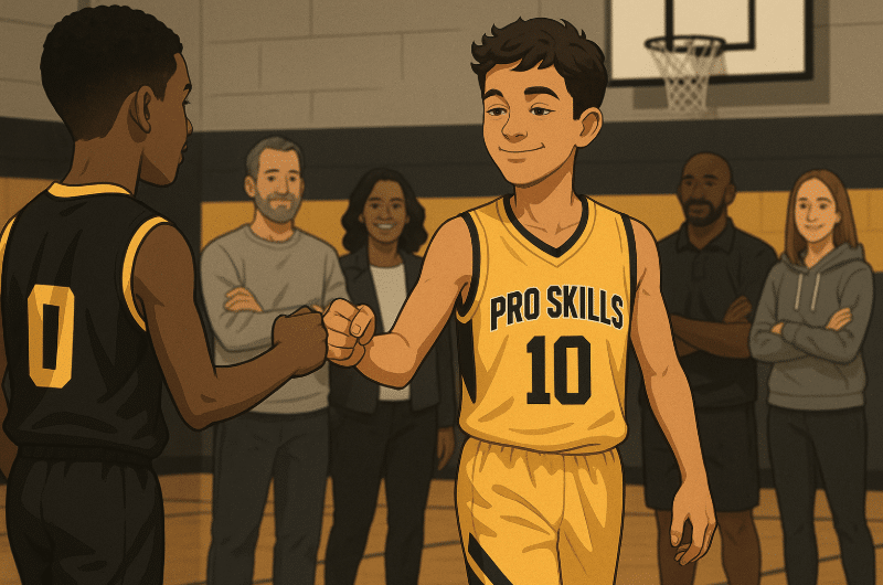 Youth basketball player walking off the court after a game, showing emotional growth and team connection.